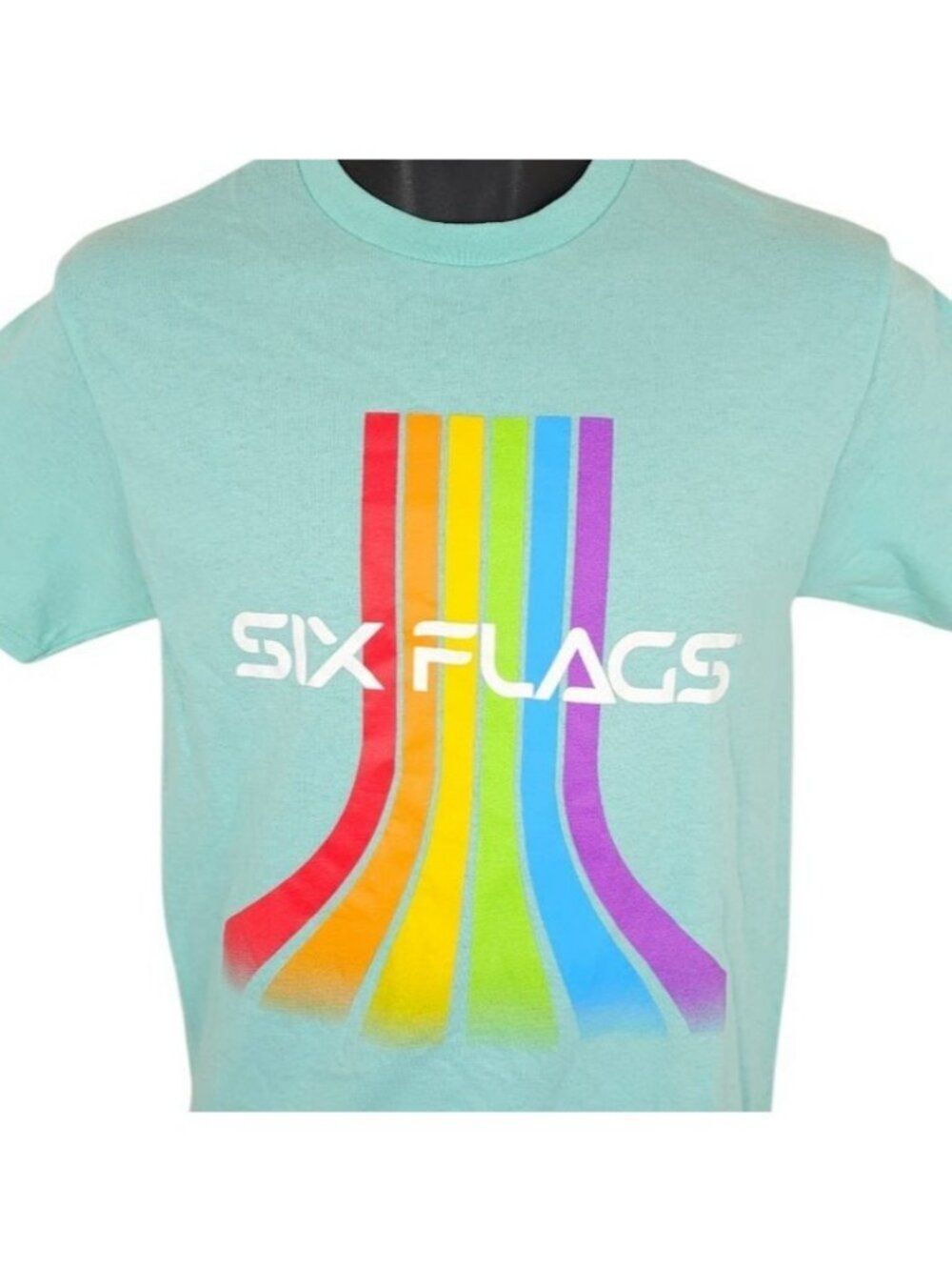 Six Flags Pride T Shirt Mens Size XS Blue Rainbow Flag LGBTQIA+